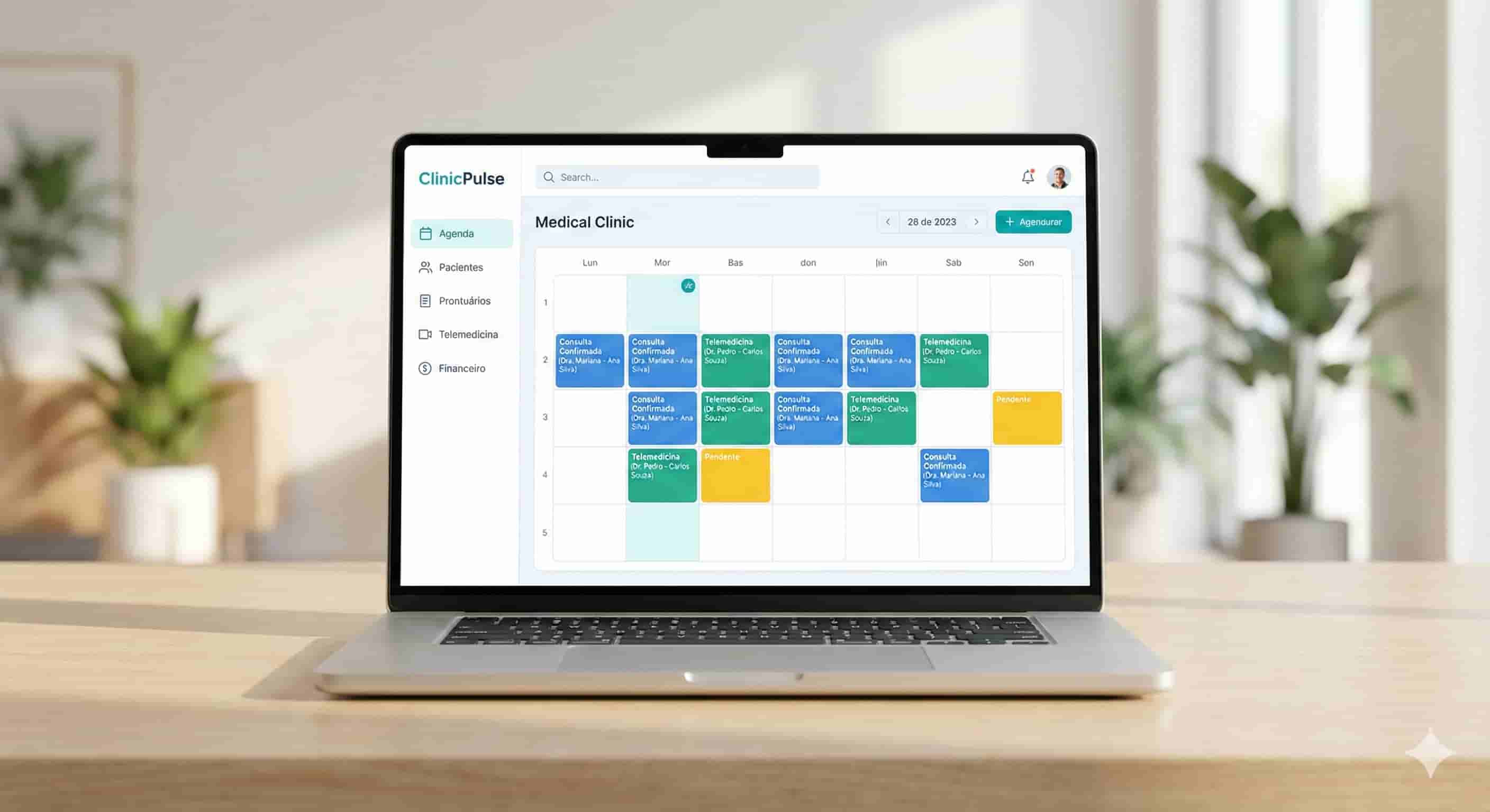 Tela do sistema Clinic Pulse mostrando agenda organizada